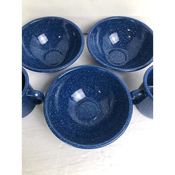 Enamelware Blue White Speckle Metal Outdoors Camping RV Cowboy 3 Bowls & 2 Cups - Picture 3 of 13
